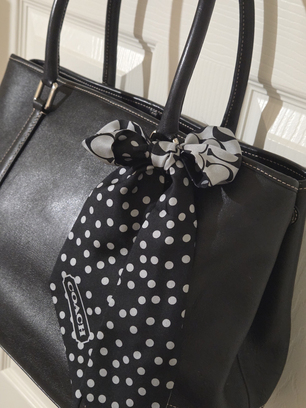 COACH Black Leather Tote with Polka Dot Scarf - Picture 3 of 11